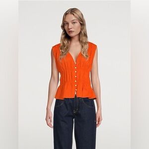 Frame Orange Crush Ruched V-Neck Sleeveless Blouse in 100% cotton size XS